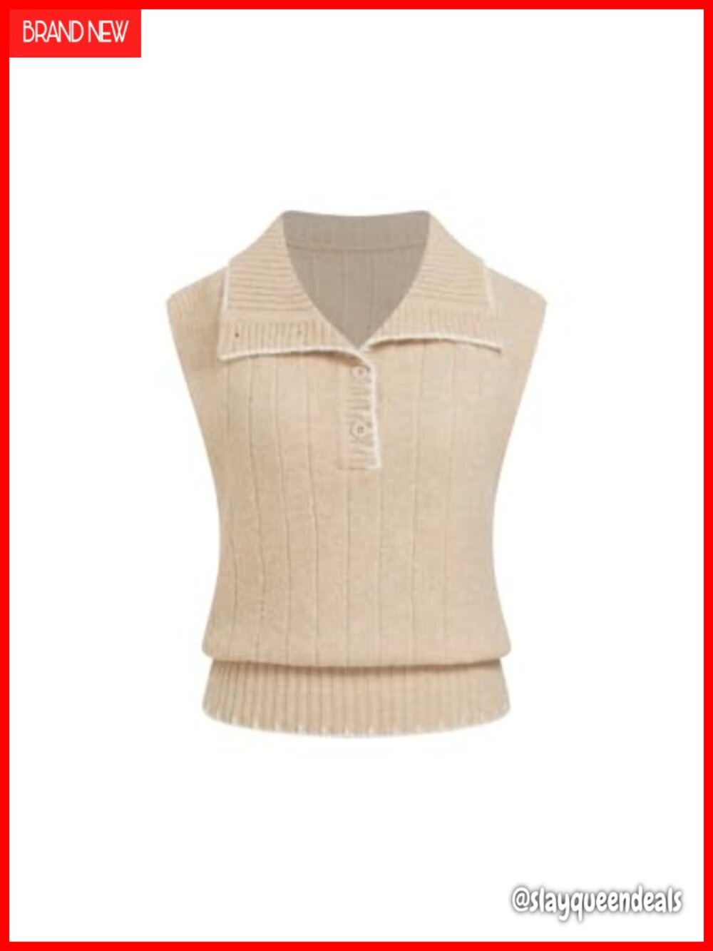 Womens Contrast Trim Polo Sweater Vest Sleeveless Ribbed Knit Button Top
